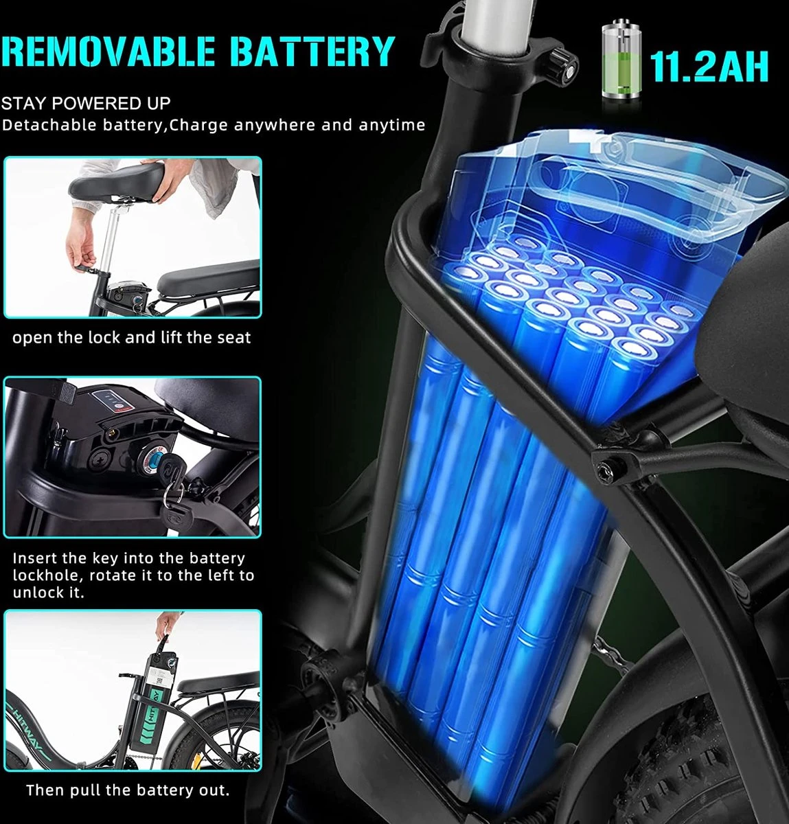 HITWAY Elektrische Fiets | 20" Opvouwbare Volwassen Vette Fiets | Batterij 36V/11,2Ah,Motor 250W, Max Bereik 35-90km | E Bike City - Afbeelding 4