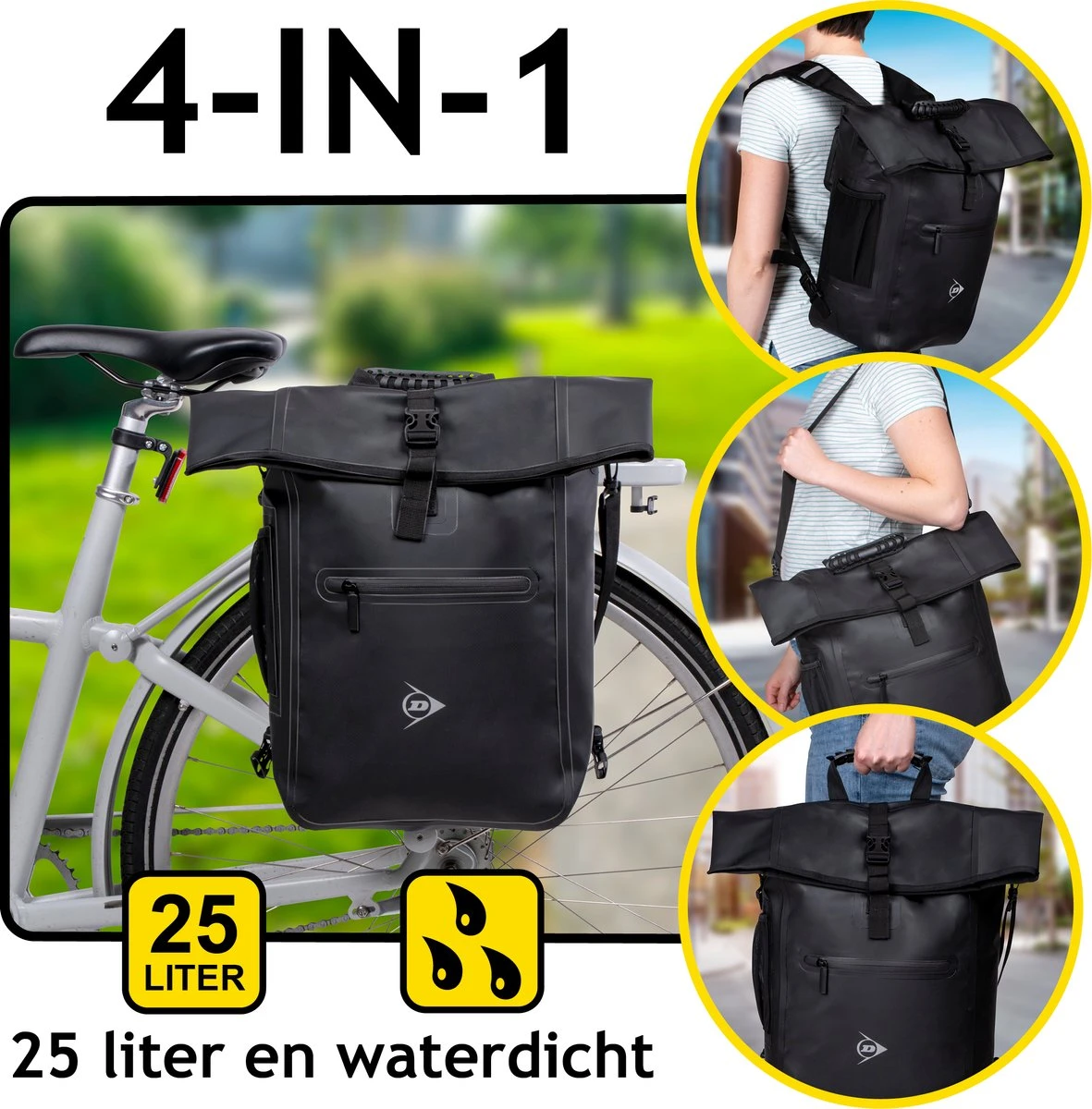Dunlop Rolltop Laptop Rugzak - 4 Draagopties - Fietsrugzak Waterdicht - 25 L - Incl. Bidonhouder - Zwart - Afbeelding 5