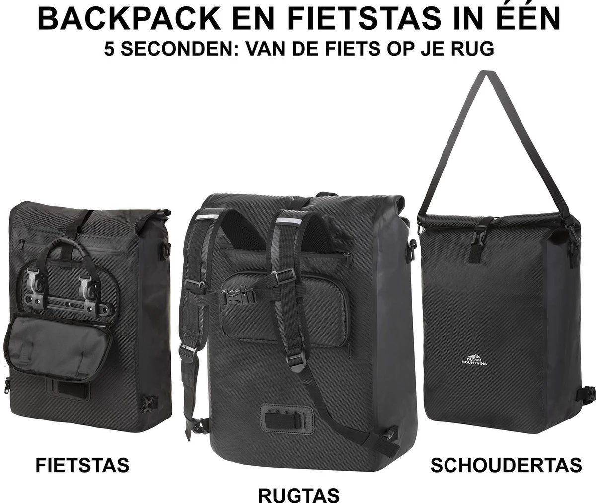 Dutch Mountains Enkele Fietstas | Rugzak | 100% Waterdicht | Fietstas, Schoudertas En Rugtas In 1 | 28 Liter | Carbon / Zwart - Afbeelding 2