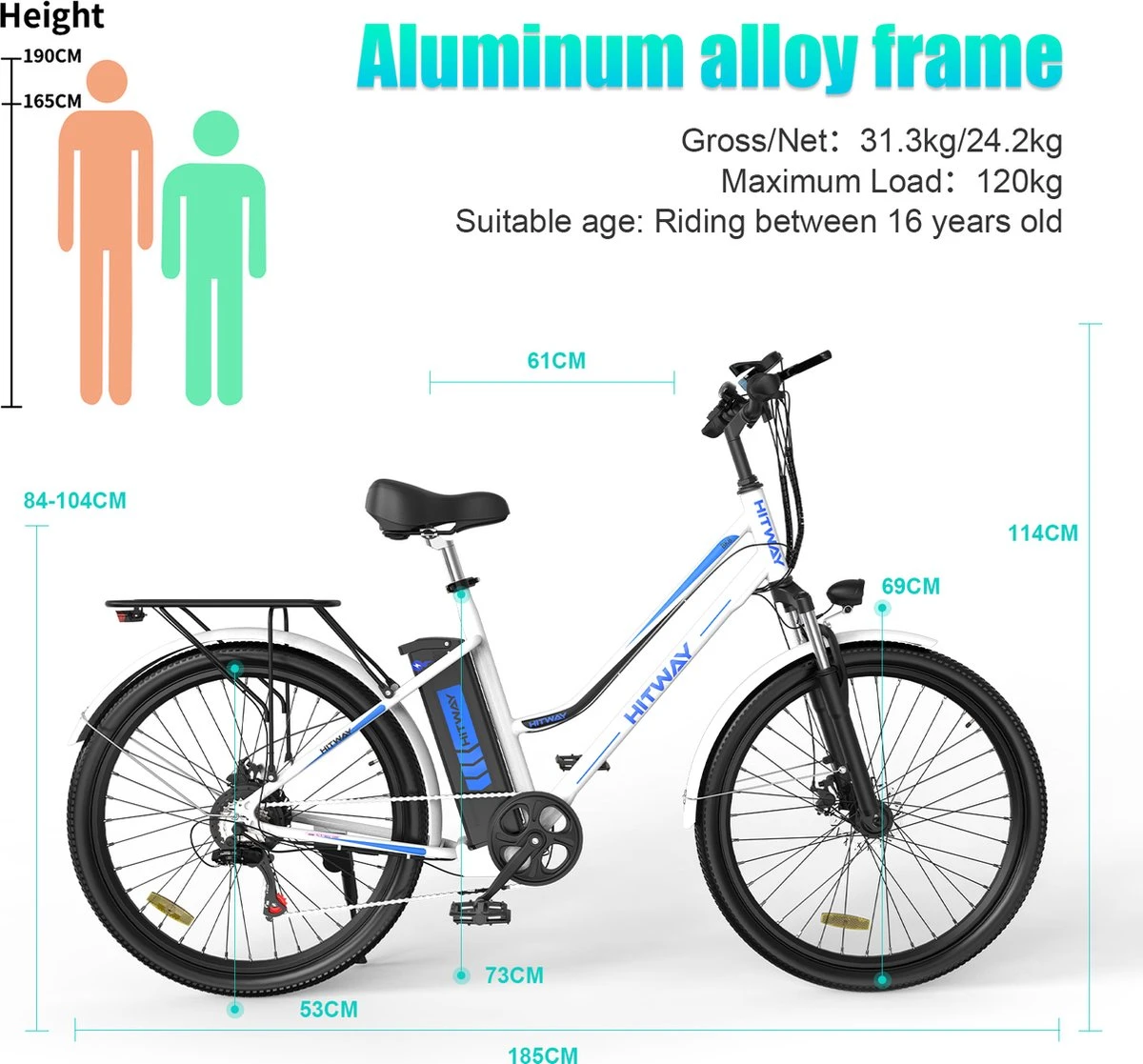 Hitway Elektrische Fiets | E-bike Damesfiets | 26 Inch | 250W Motor | Wit - Afbeelding 2