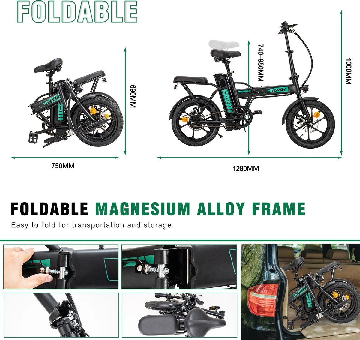 Hitway BK5 Elektrische Fiets | Opvouwbare E-bike | 16 Inch | Hitway BK5 250W Motor | Zwart - Afbeelding 4