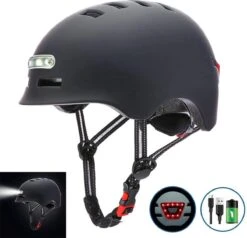 Fietshelm- Met Voor- En Achterlicht-Skatehelm -Maat-M-54 Tot 57 Cm-Helm Mat-Zwart - LED Verlichting