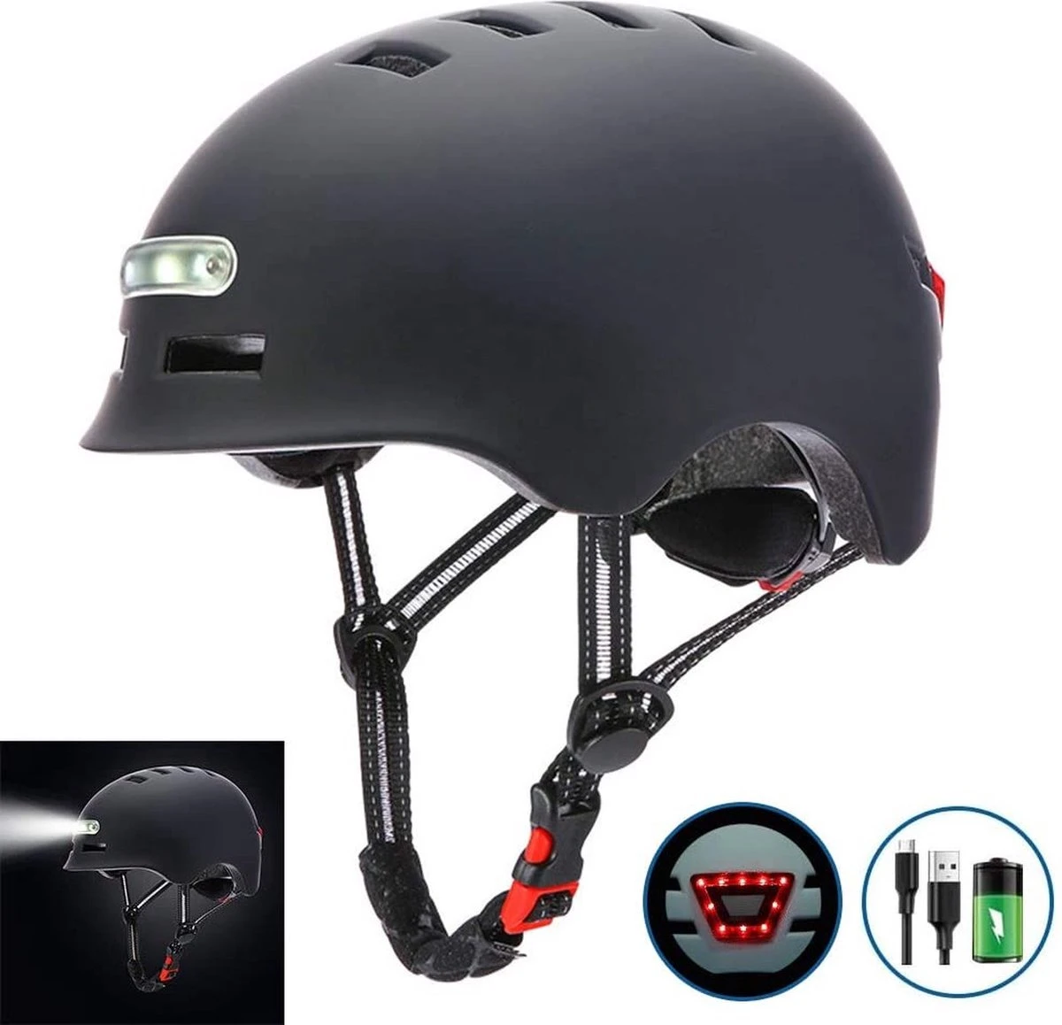 Fietshelm- Met Voor- En Achterlicht-Skatehelm -Maat-M-54 Tot 57 Cm-Helm Mat-Zwart - LED Verlichting