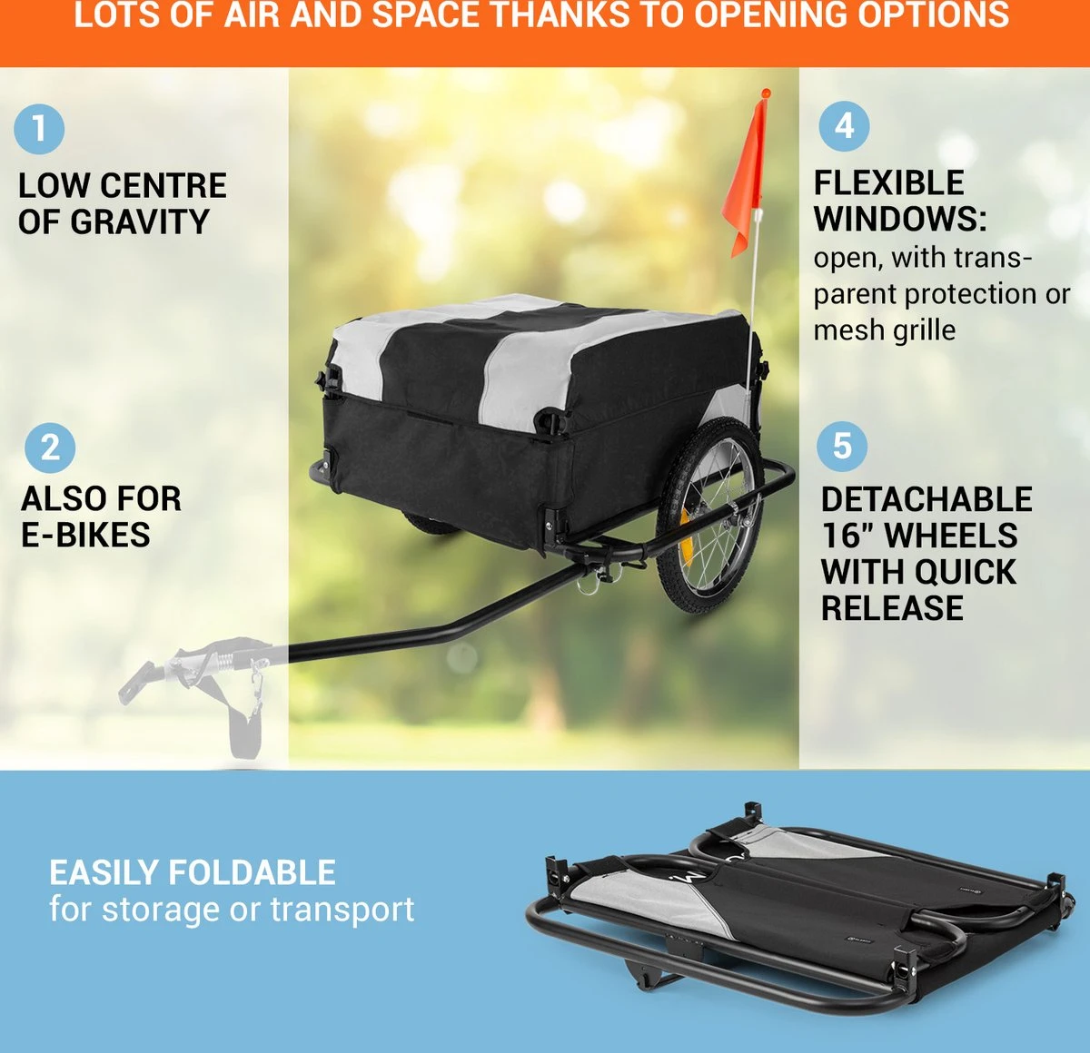 Mountee Rijwielaanhanger Trekker 130l 60kg Stalen Buis - Afbeelding 7