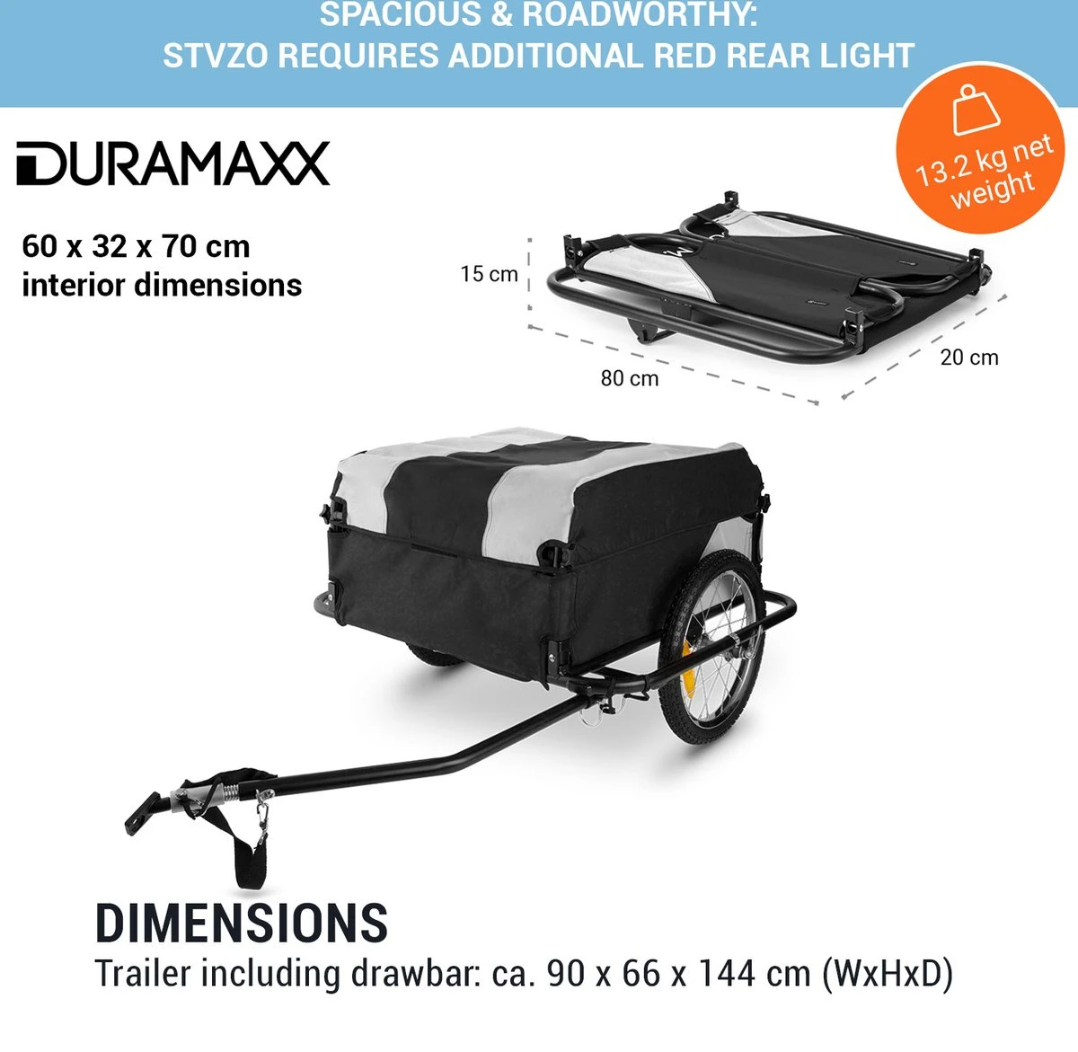 Mountee Rijwielaanhanger Trekker 130l 60kg Stalen Buis - Afbeelding 4