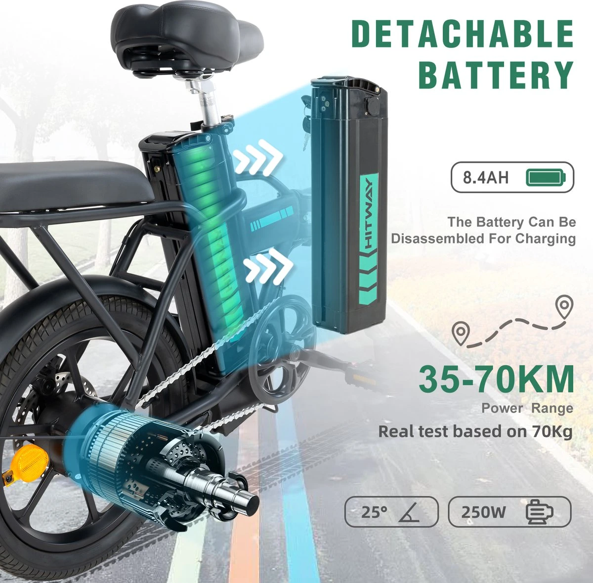 HITWAY E Bike Elektrische Fiets Vouwfiets, 36V/8.4Ah Batterij, 250W Motor, 25km/h, 35-70km, 16" City EBike Voor Heren En Dames - Afbeelding 2