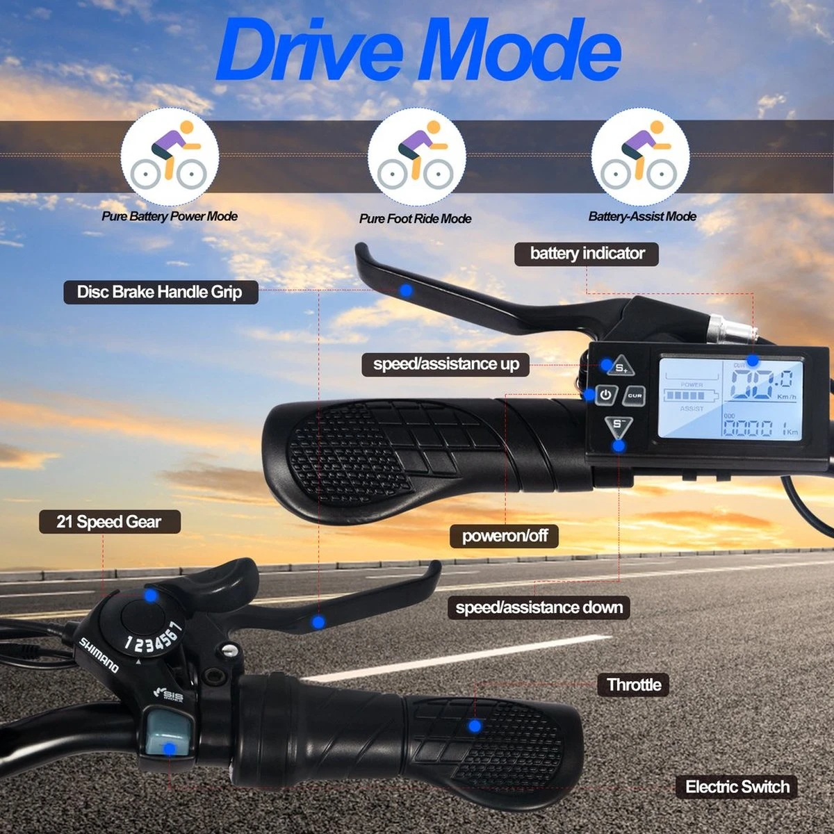 HITWAY 26 Inch E-bike, Elektrische Fiets Voor Heren En Dames, Pedelec Stadsfietsen, 250 W Motor, 36 V/11,2 Ah E-bike, Shimano 7 Versnellingen, 35-90 Km| Wit / Blauw - Afbeelding 6