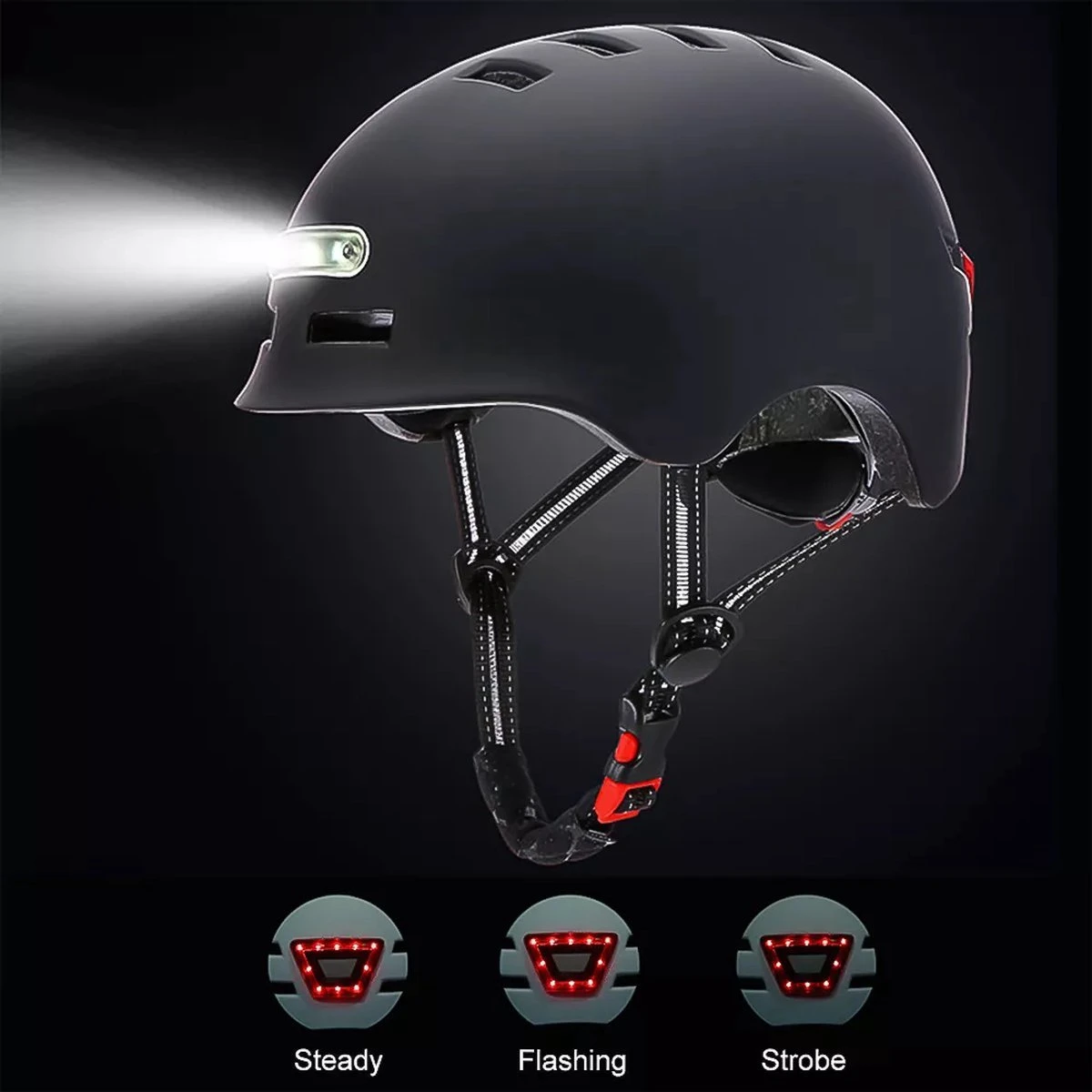 Fietshelm- Met Voor- En Achterlicht-Skatehelm -Maat-M-54 Tot 57 Cm-Helm Mat-Zwart - LED Verlichting - Afbeelding 2