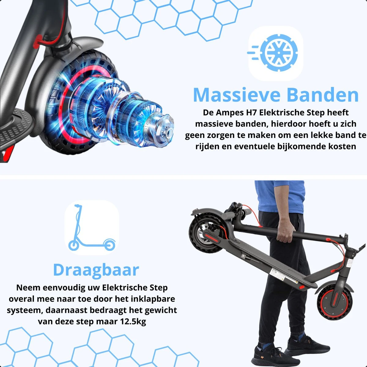 Elektrische Step - Ampes - 30/35KM Bereik - 350W - Opvouwbaar - 30km/h - 7.8Ah Batterij - 8.5" Anti-Lek Banden - H7 - Afbeelding 2