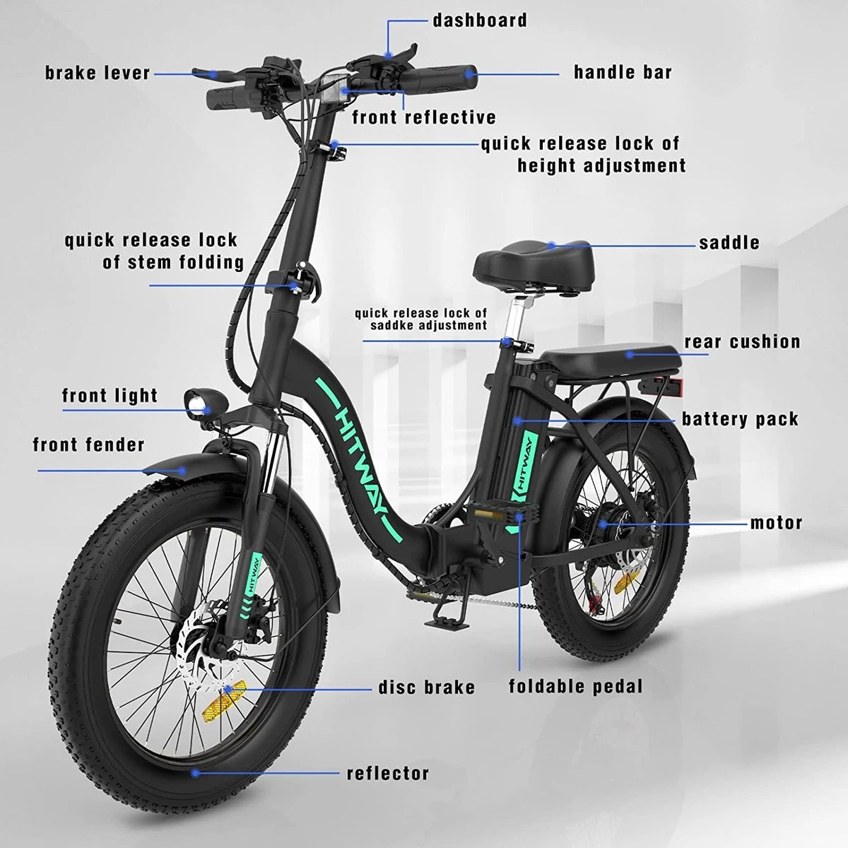 HITWAY Elektrische Fiets | 20" Opvouwbare Volwassen Vette Fiets | Batterij 36V/11,2Ah,Motor 250W, Max Bereik 35-90km | E Bike City - Afbeelding 3