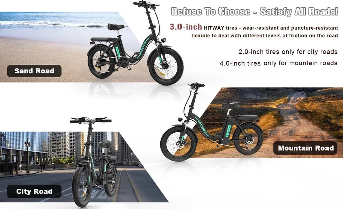 HITWAY E-bike Elektrische Fiets 20" Vouwfiets Met Dikke Banden, 250W/36V/11,2Ah Accu, 35-90 Km, Offroad-mountainbike Met Shimano 7 Versnellingen, CityBike Voor Heren En Dames - Afbeelding 4