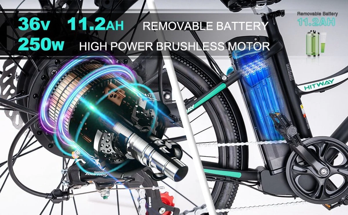 HITWAY 26 Inch E-bike, Elektrische Fiets Voor Heren En Dames, Pedelec Stadsfietsen, 250 W Motor, 36 V/11,2 Ah E-bike, Shimano 7 Versnellingen, 35-90 Km| Wit / Blauw - Afbeelding 10