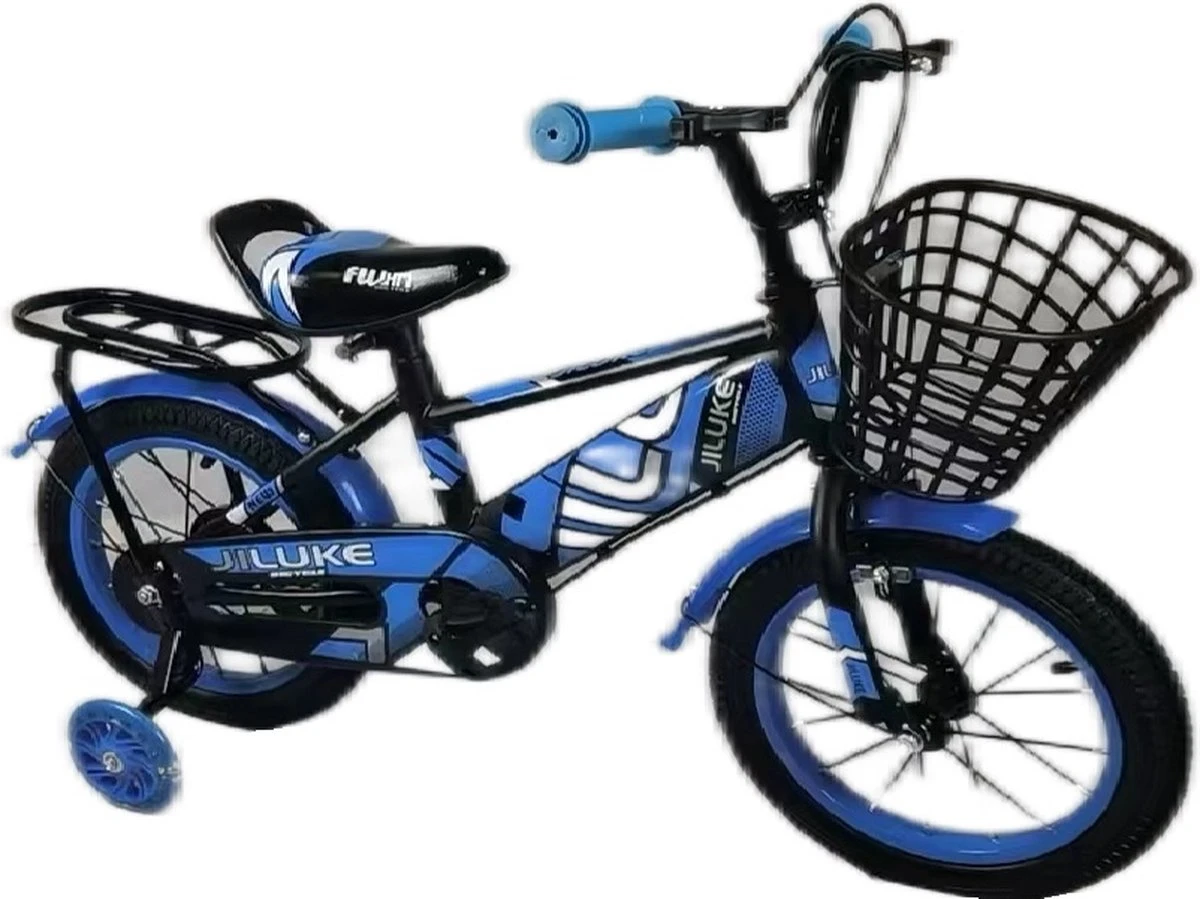 Kinderfiets - 14 Inch Kinderfiets -vanaf 3-5 Jaar Jongens En Meisjes Fietsen - Terugtrap -Rem -Stabilisatoren(2 Zijwieltjes)- Mandje - Achterbank - Blauw - Afbeelding 3