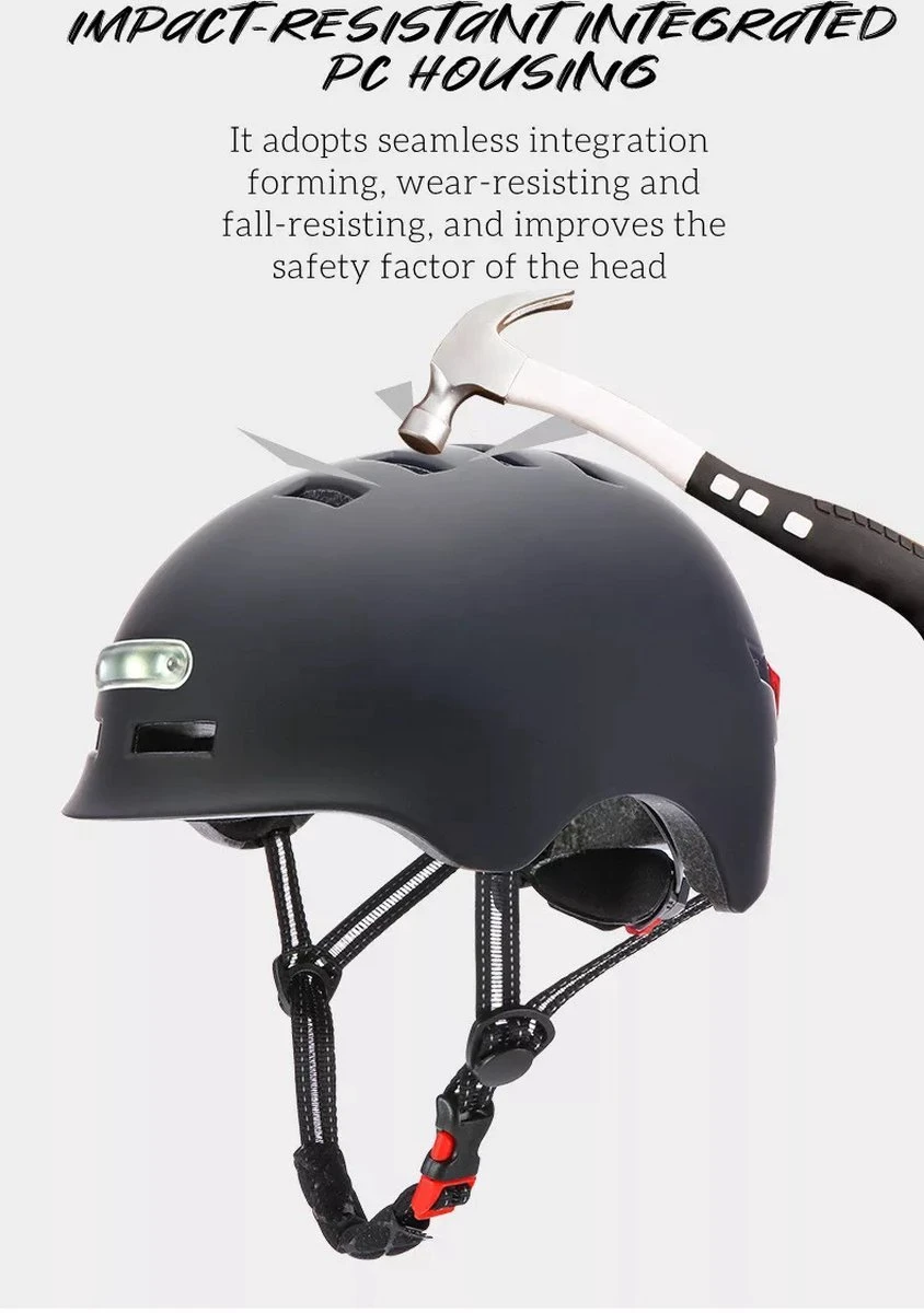 Fietshelm- Met Voor- En Achterlicht-Skatehelm -Maat-M-54 Tot 57 Cm-Helm Mat-Zwart - LED Verlichting - Afbeelding 7