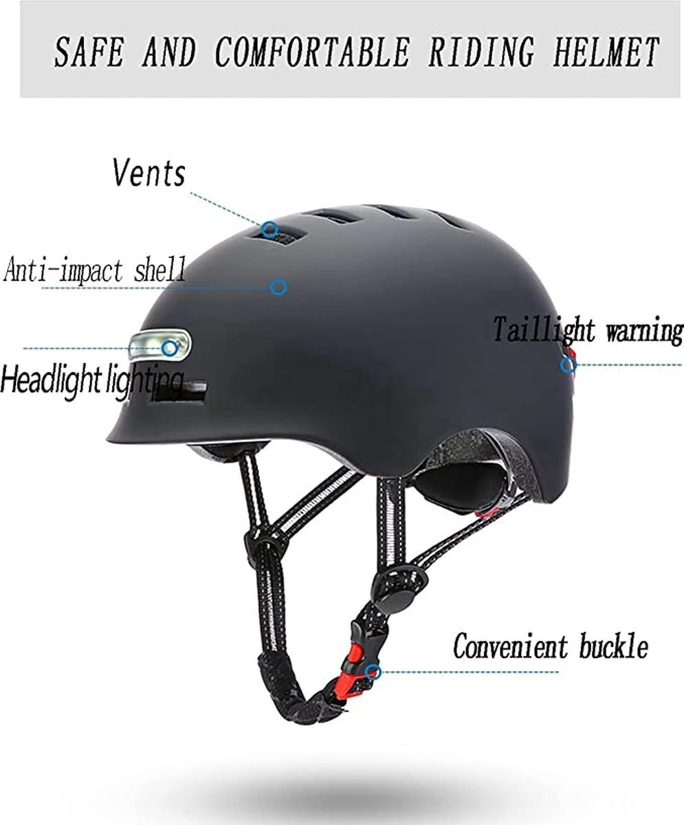 Fietshelm- Met Voor- En Achterlicht-Skatehelm -Maat-M-54 Tot 57 Cm-Helm Mat-Zwart - LED Verlichting - Afbeelding 5